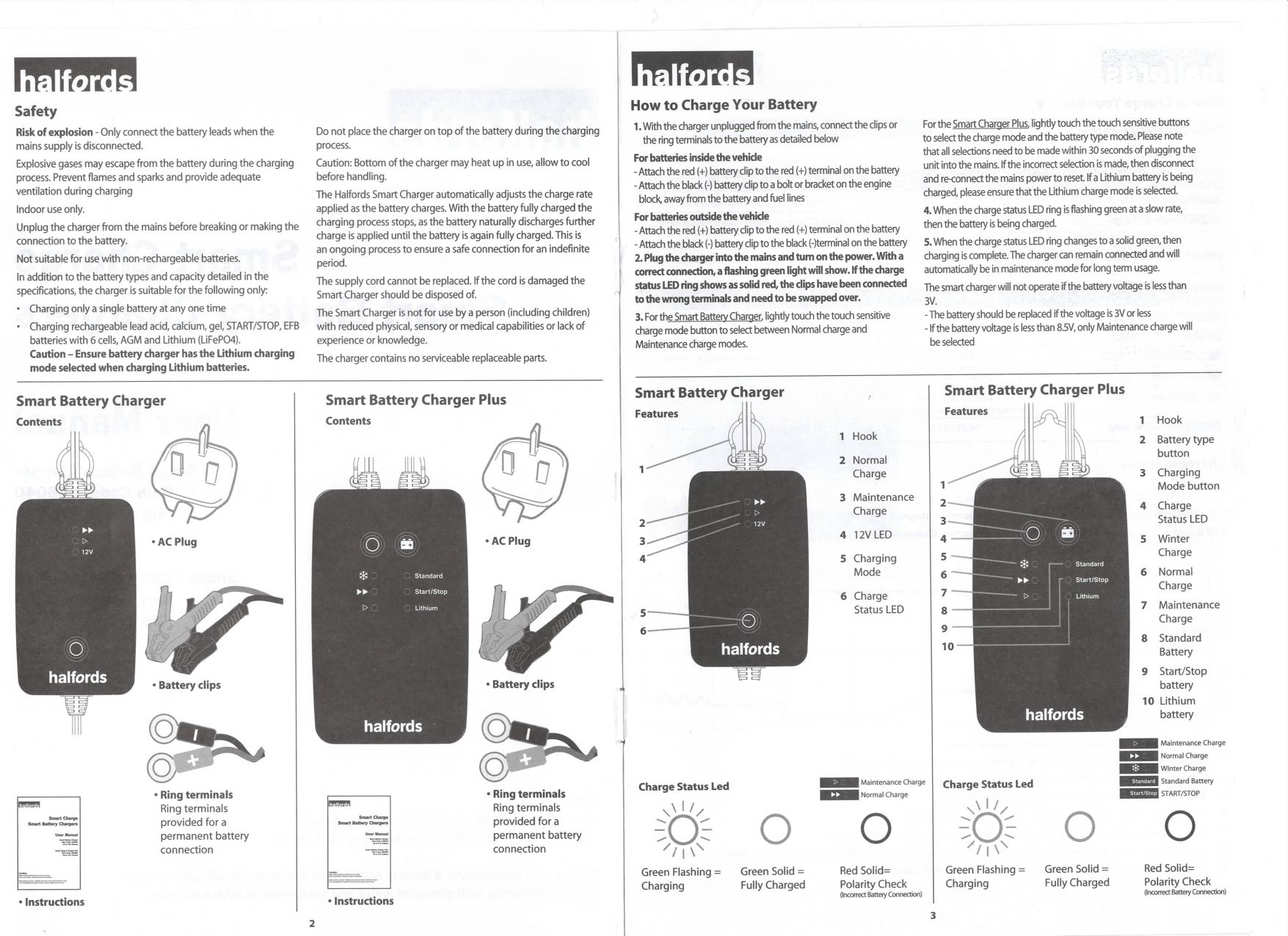 Key page of the instructions for Halfords Smart Battery Chargers